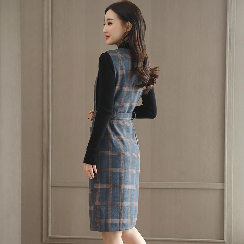 

Women Spring And Autumn Workwear Plaid Woolen Vest Dress Base Sweater Two-Piece Sets