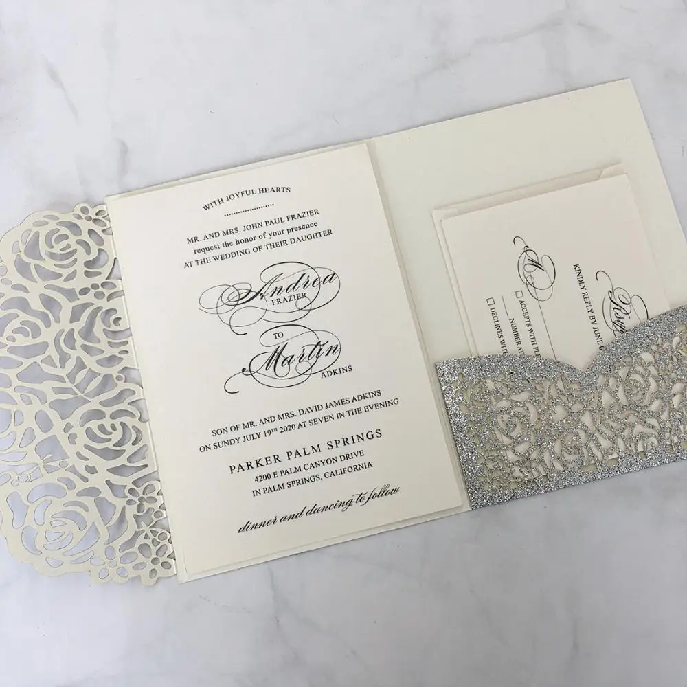 

Glitter Paper Wedding Invitations Silver Laser Cut Invitation Card with Ivory Inner Card and RSVP Cards - Set of 50 pcs