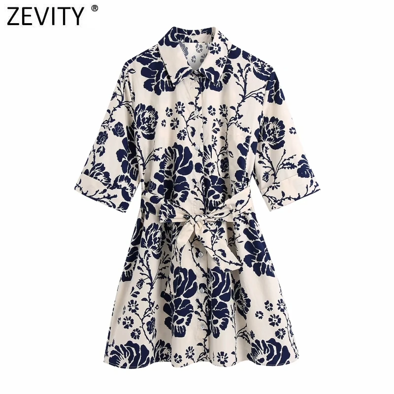 

Zevity Women Vintage Short Sleeve Floral Print Casual Slim Shirt Dress Female Chic Single Breasted Sashes Mini Vestidos DS8397