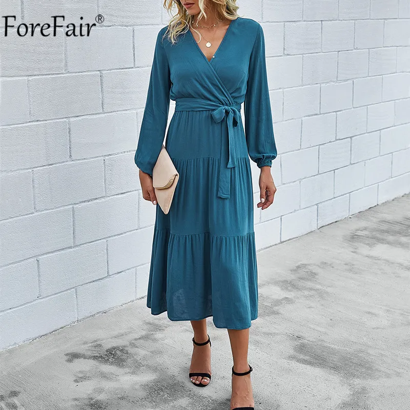 

Forefair Cotton Long Sleeve Wrap Dress 2020 Autumn Women Floral Print A Line Ruffles Sashes Casual Midi Elegant Dresses Office