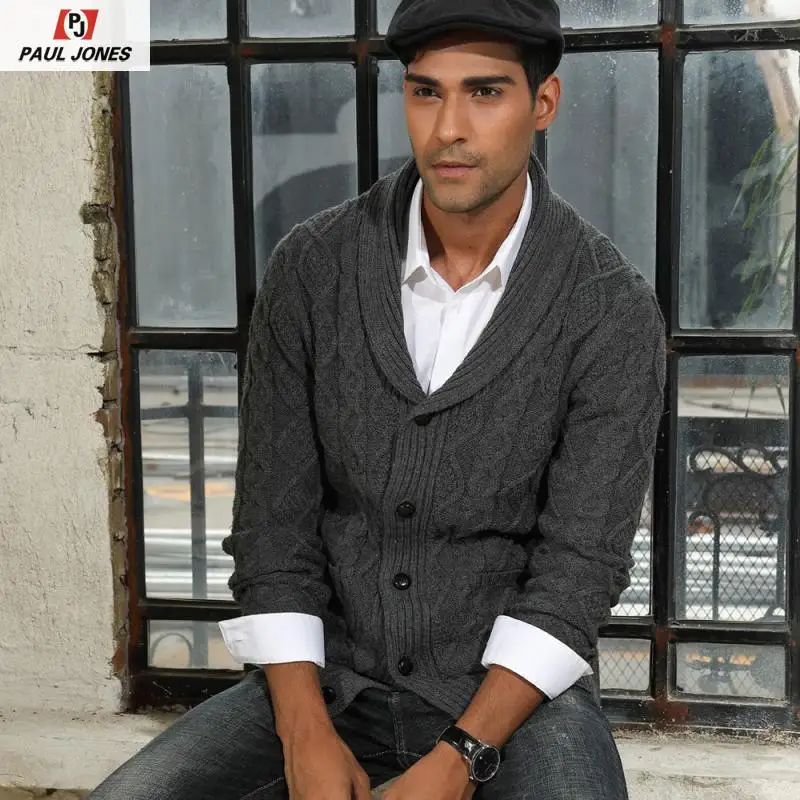 Мужской повседневный трикотажный кардиган PAUL JONES шаль свитер с отворотом и