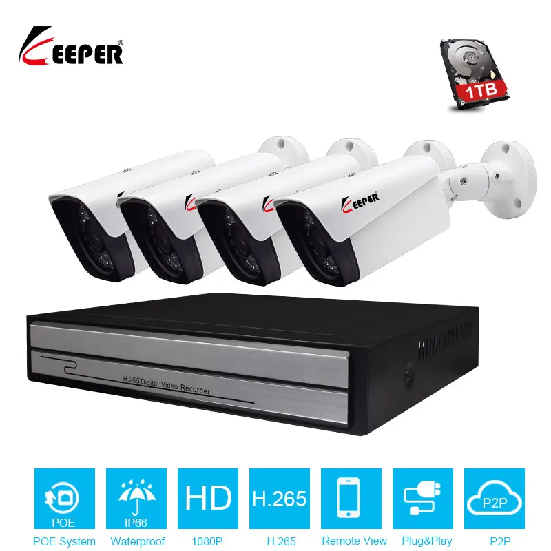 Камера видеонаблюдения H.265 4 шт. канала 1080P HD POE NVR 2 МП водонепроницаемая P2P