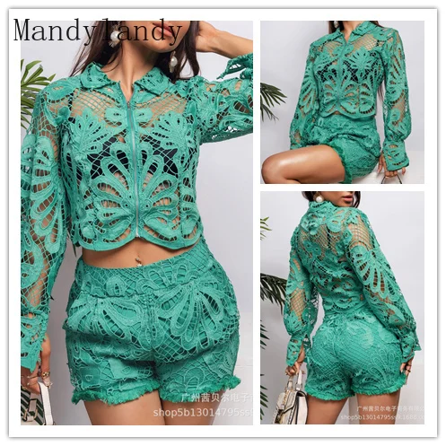 

Mandylandy Women Sexy Lace Hollow Out Shorts Set Lady Elegant Lantern Sleeve Zipper Coat Top Straight Shorts 2 Piece Set Outfits
