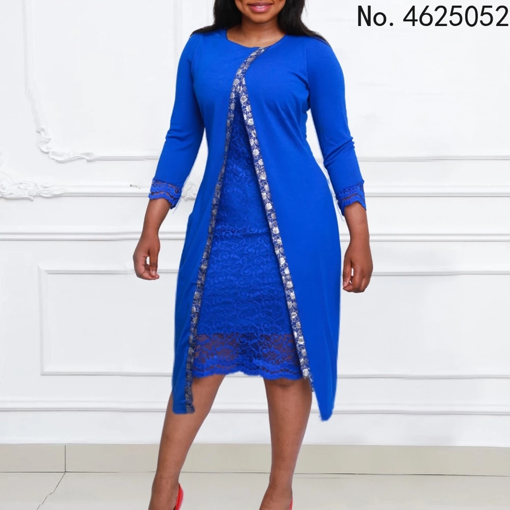 

Осенняя африканская одежда, синее кружевное платье с длинным рукавом, африканские платья-миди для женщин, пикантное приталенное платье с кр...