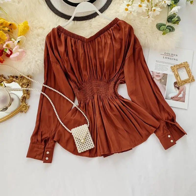 2019 Новая модная женская блузка с вырезом лодочкой тонкая талия темпераментная