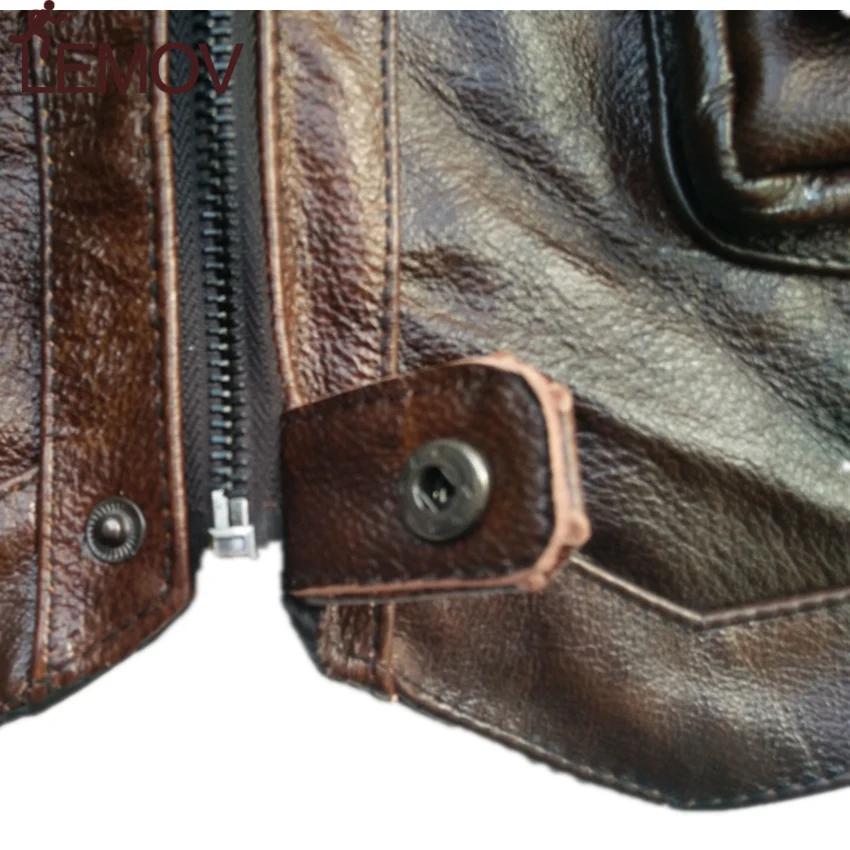 LEMOV коричневый жилет мужской кожаный из натуральной кожи мотоциклетный с