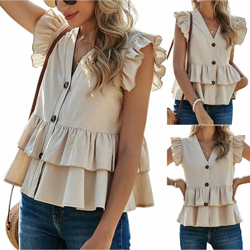 

Womens Ladies Summer V-Neck Frill Casual Ruffle Button Down T Shirt Blouse Tops
