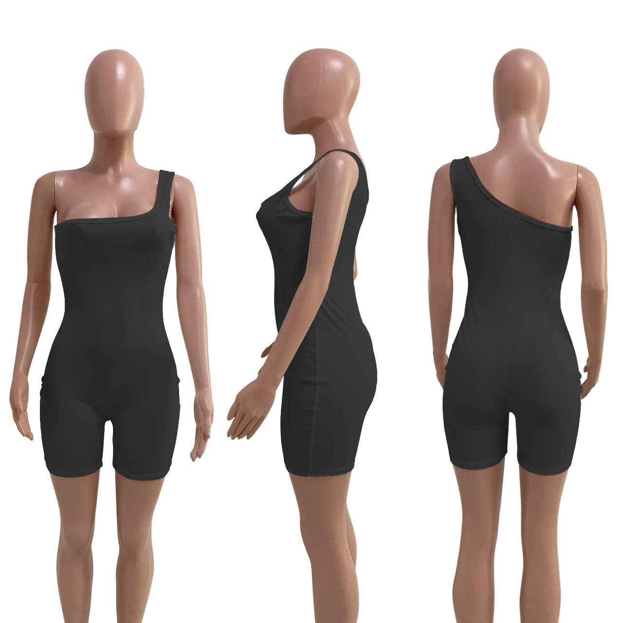 

One Shoulder Solid Backless Women Rompers 2021 Casual Street Style Workout Skinny Slim Sportswear Female Elastic Playsuits