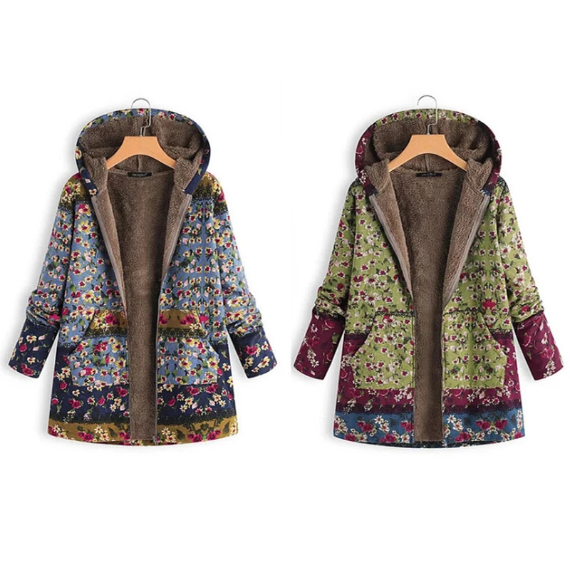 

Womens Coat Winter Warm Vintage Pockets Oversize Hooded Coats Female Print Casual Outwear Fleece Coats and Jackets New 2020