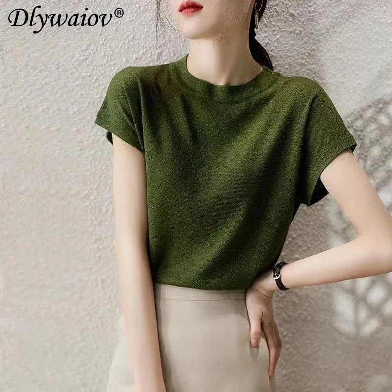 Трикотажная футболка с коротким рукавом и люрексом летние женские топы круглым