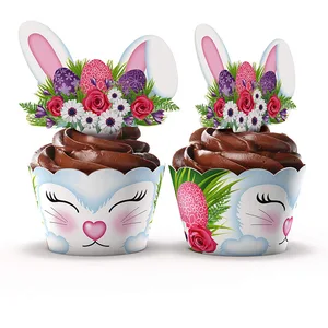 12pcs Cartoon Rabbit Cupcake Toppers Jungle Animal Cupcake Wrapper Kids' Birthday Party Easter Dessert Table Decor
