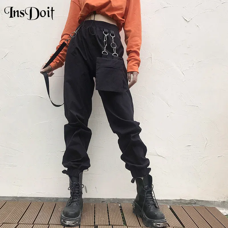 

InsDoit Punk Streetwear Black Cargo Pants Harajuku Big Pocket High Waist Trousers Women Hip Hop Metal Patchwork Autumn Pants