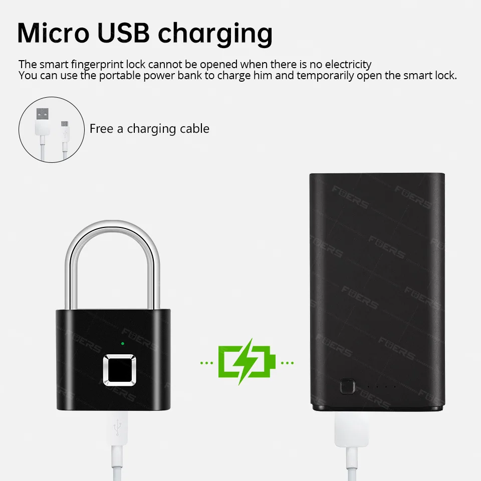 

FUERS Fingerprint Padlock Smart Keyless USB Rechargeable Door Lock IP56 Waterproof Quick Unlock Zinc Metal Self Developing Chip