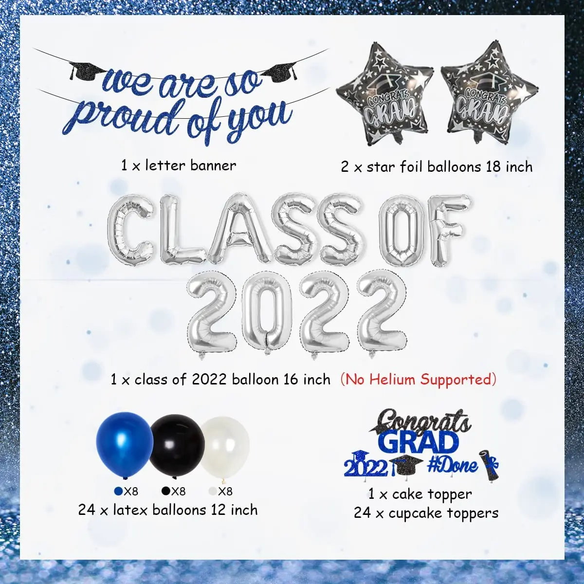 

Graduation Decorations 2022 - Class of 2022 Party Supplies Blue and Sliver We are so Proud of You Banner Congrats Grad Balloon C