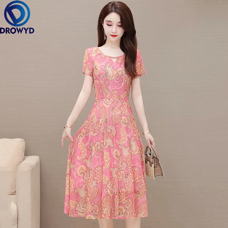 

Женское пляжное платье миди в стиле бохо, розовое длинное шифоновое праздничное платье с цветочным принтом, круглым вырезом и коротким рука...