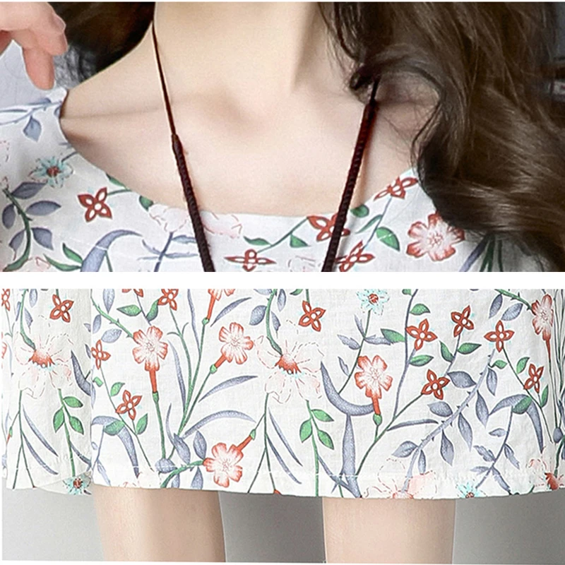 Женское платье с коротким рукавом и круглым вырезом из хлопка льна повседневное