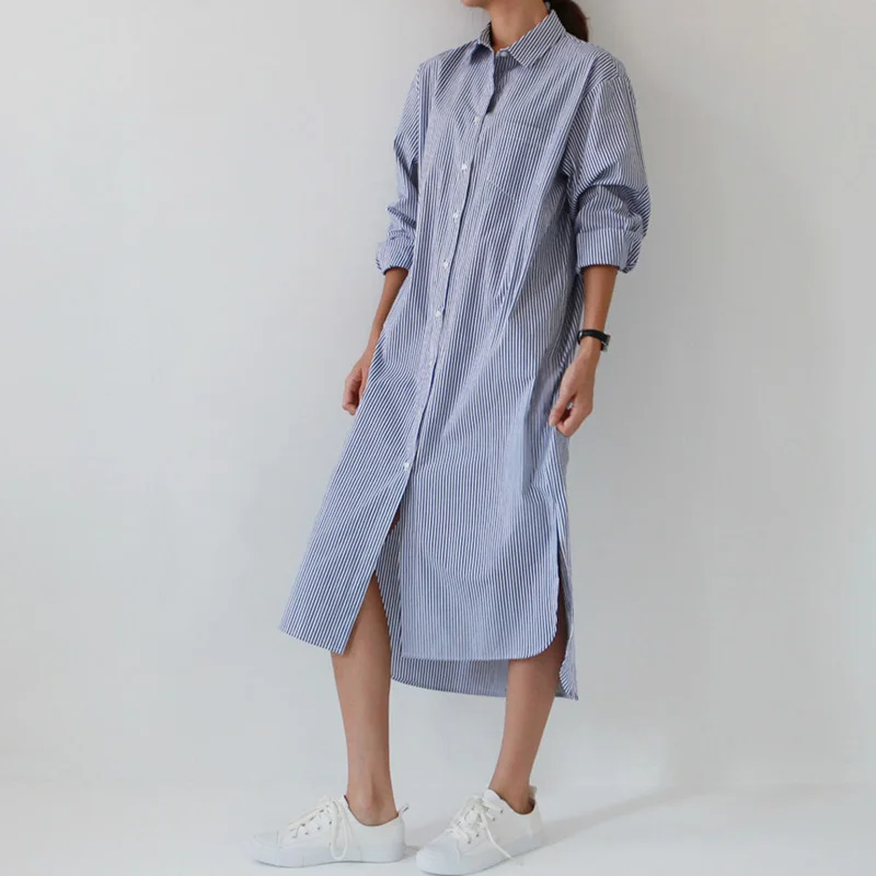 Женское платье-рубашка в полоску синее винтажное платье миди с отложным