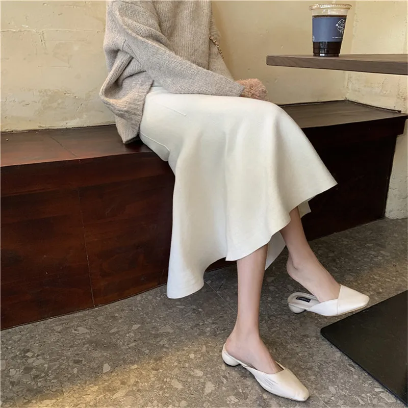 

2020 New Elegant Solid Women Midi Skirts Loose High Waist Hip Slim Knit Skirt Casual Fishtail Skirt Office Lady Work Wear