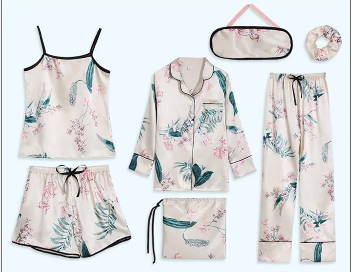 

Autumn Spring 7 Pieces Set Silk Elegant Women Pajamas Print Shorts Long Sleeve Top Elastic Waist Pants Full Lounge Sleepwear