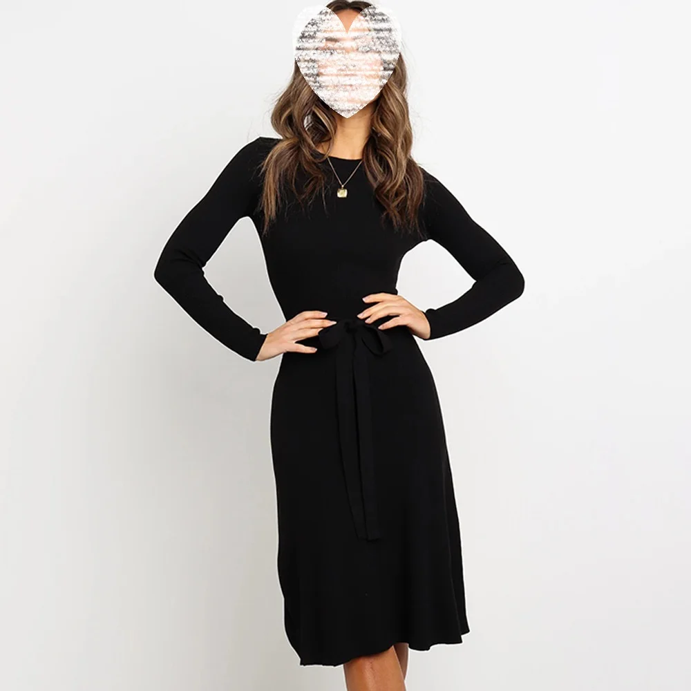 Осеннее черное однотонное Повседневное платье-свитер средней длины платья с