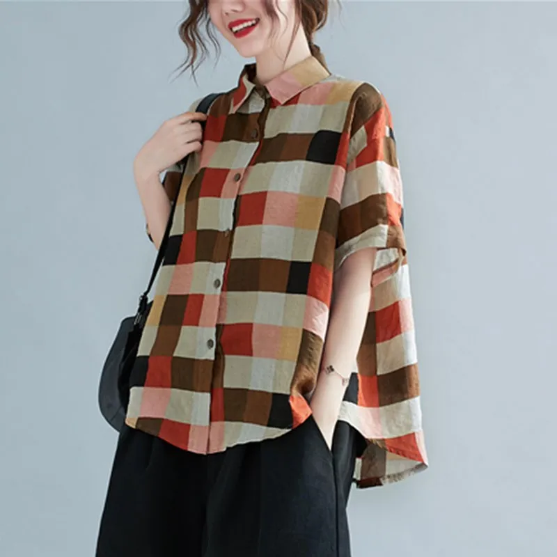 

Women Cotton Linen Casual Shirts New 2021 Summer Simple Style Vintage Plaid Loose Female Short Sleeve Tops S3525