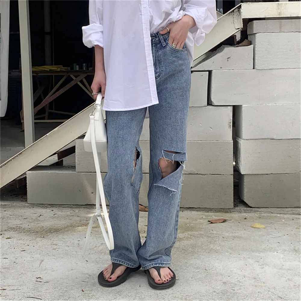 

HziriP 2021 отверстие джинсовой одежды прямые джинсовые широкие джинсы Femme летние свободные универсальные размера плюс Повседневная Уличная шт...