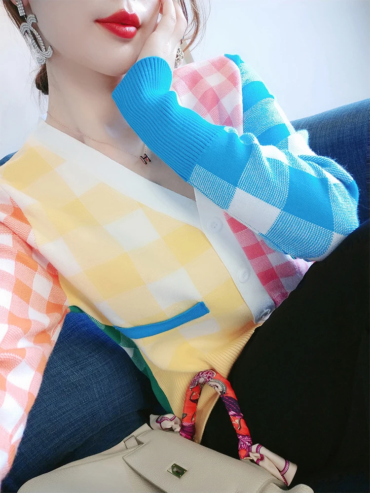 

Rainbow Striped Plaid knitted cardigan