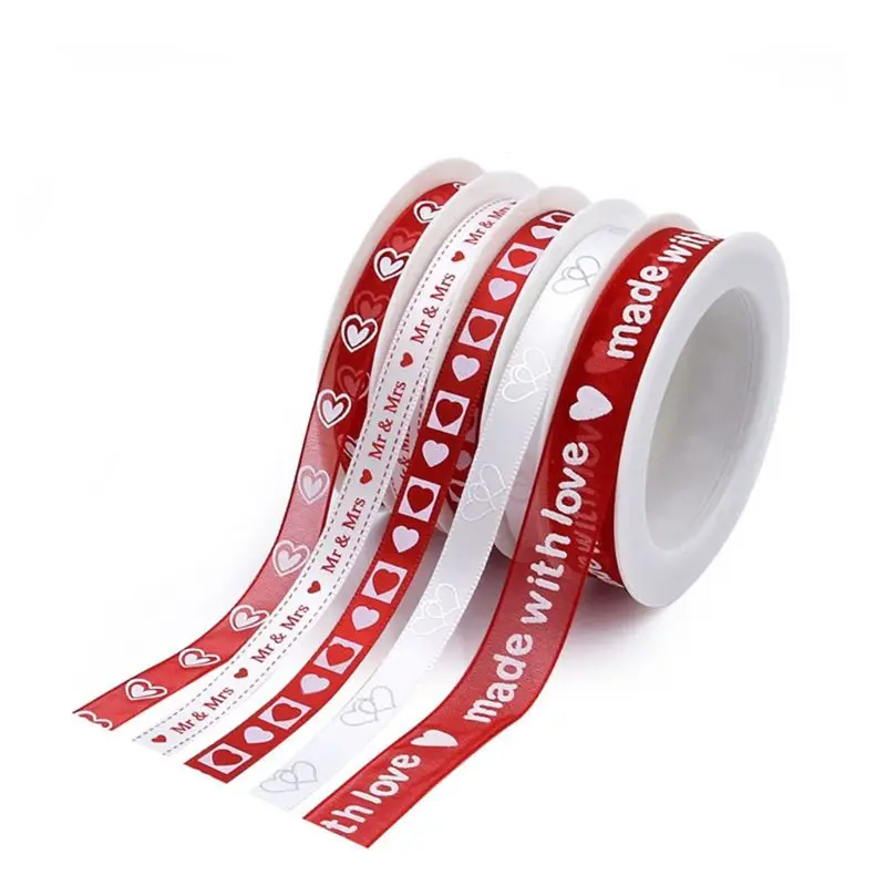 5 рулонов День Святого Валентина Красное сердце атласные ленты с рисунком для