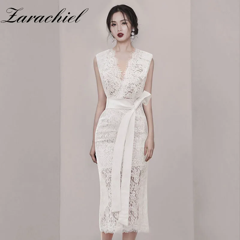 Пикантные черный белый цвет и кружевами кроше Вечерние Платье женское платье без