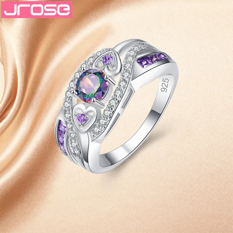 Свадебное модное кольцо JROSE с круглым Мистик Радуга белый и фиолетовый
