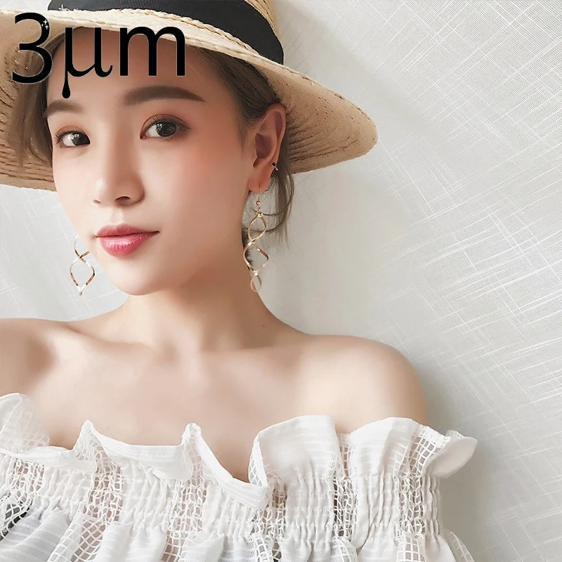 3 мкм модные двойные Висячие серьги для женщин длинные волнистые Высокое