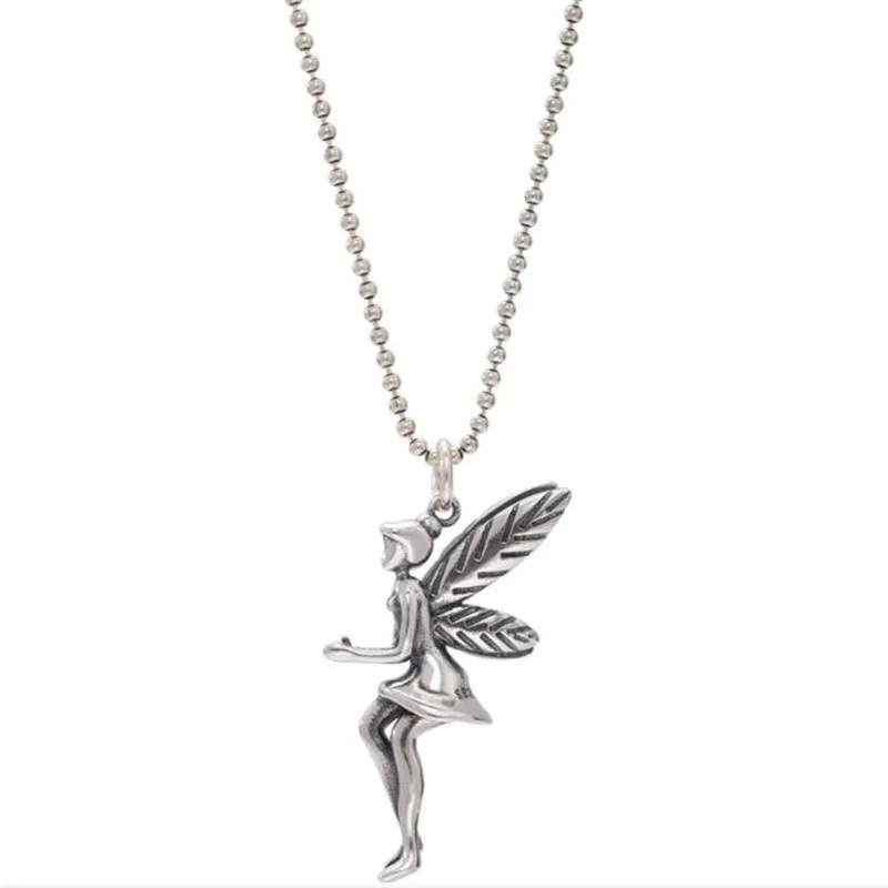 POFUNUO Women Luxury Vintage 925 Sterling Silver Necklace Angel Fairy Pendant Beads Link Chain Lovers Fine Jewelry Gift | Украшения и
