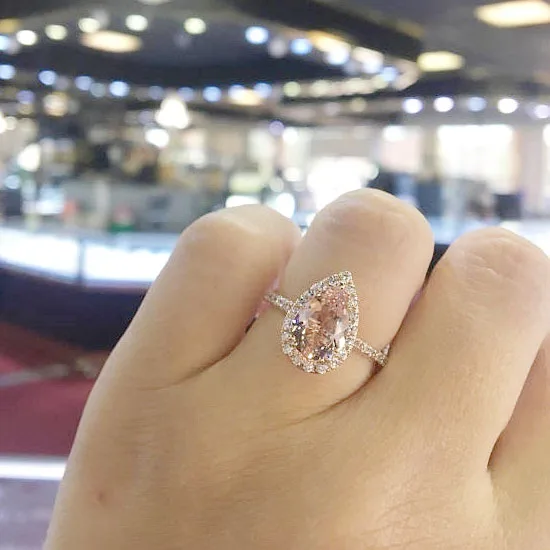 14K Розовое Золото Естественный Морганит и Бриллиантовое Кольцо с Гало Формы Груши в Стиле Арт-деко, Антикварное, Обручальное Кольцо с Родолитом