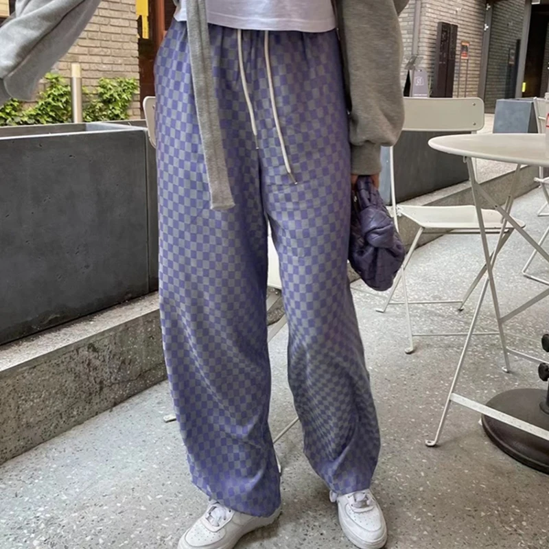 

Plaid Autumn Long Pants Women Elastic Waist Wide Leg Trousers Casual Purple Pants Lace Up Vintage Streetwear Pockets Korean M352