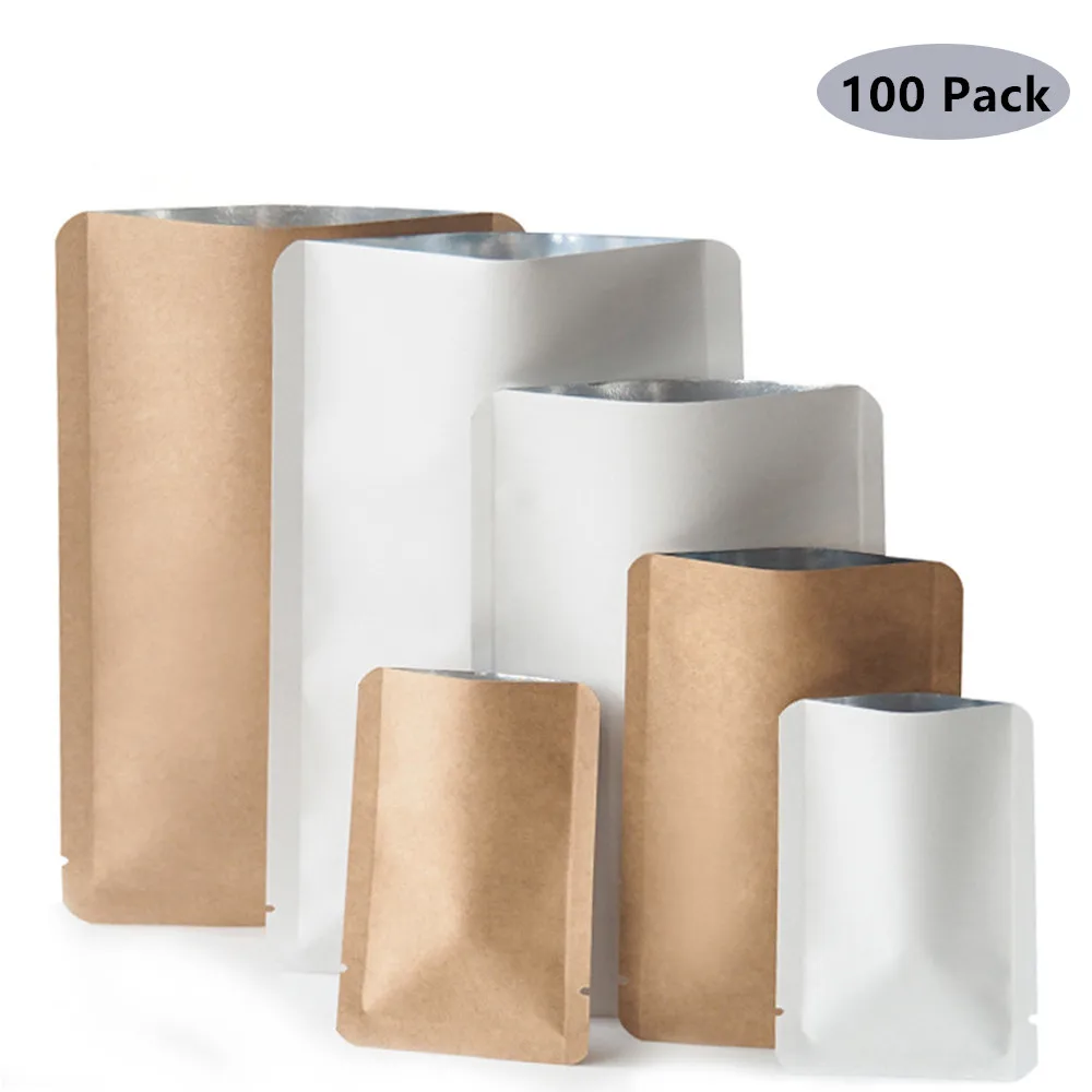 

100Pcs/lot Kraft Paper Round Angle Open Top Aluminum Foil Heat Seal Package Bags Dried Fruit Nuts Retail Food Storage Bags