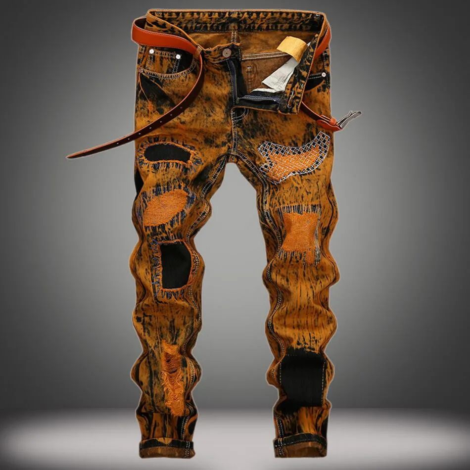 

Vintage Hip Hop Cotton Denim Jeans Men Autumn Ripped Holes Streetwear Funny Pants Blue Soft Slim Yellow Male Trousers