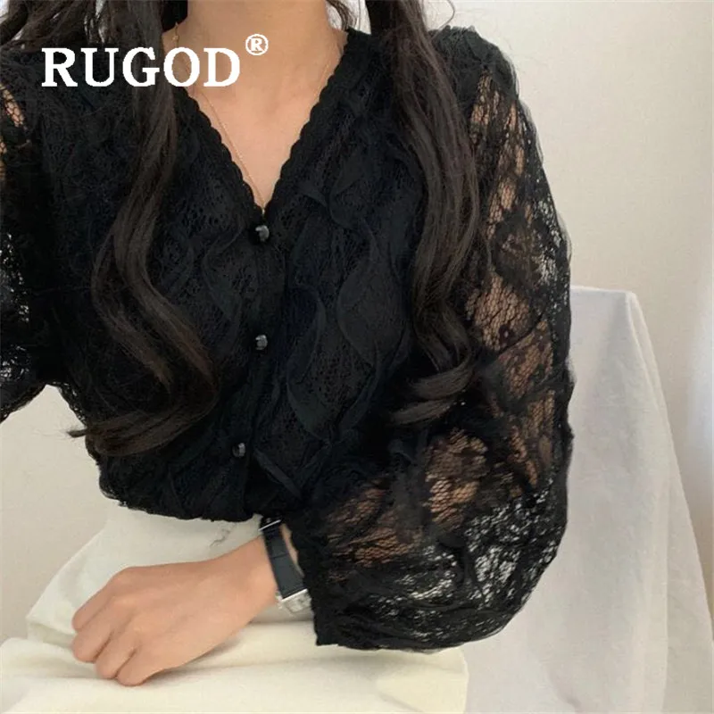 

RUGOD Sexy V-neck Lace Blouse Women Blouses Long Sleeve Elegant Sweet Top Korean Fashion Clothing Woman Shirts Kawaii Clothes