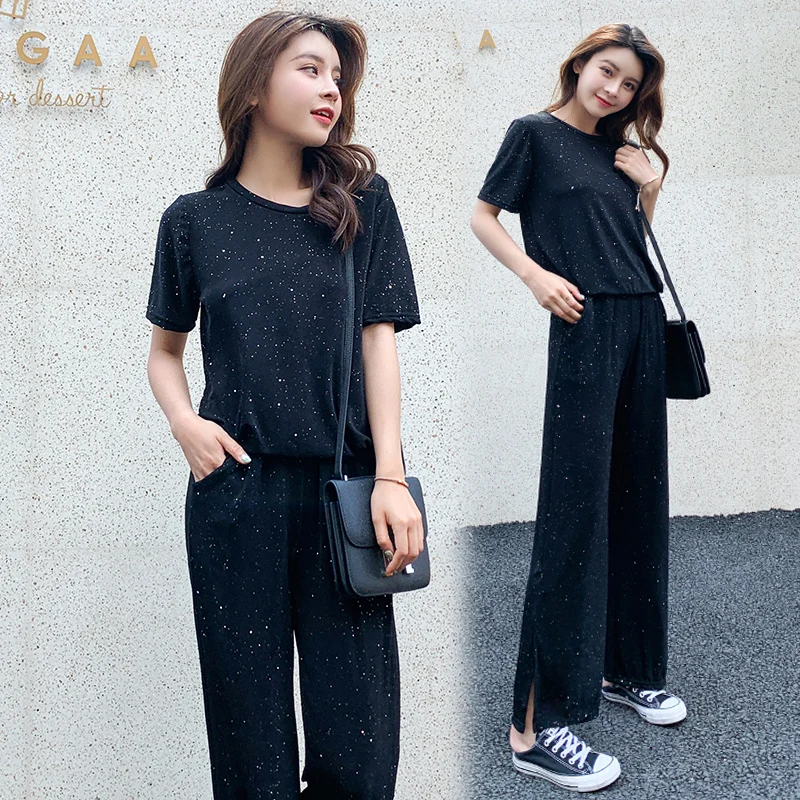 Модные женские комплекты 2019 Высокая талия широкие брюки спортивные два костюма