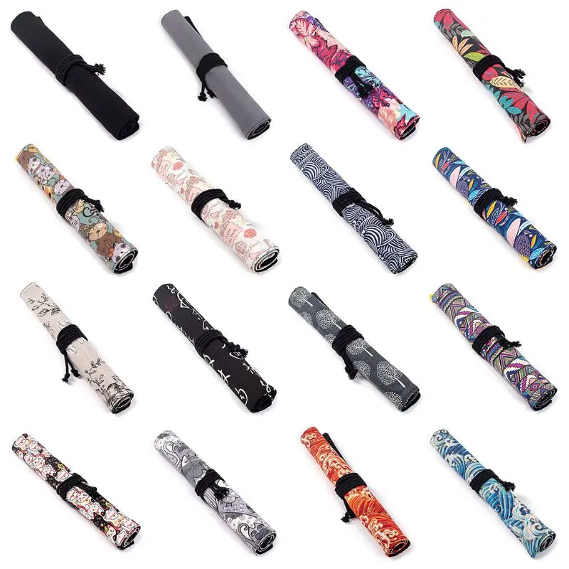 

20 Holes Large Capacity Canvas Roll Up Pen Curtain Pencil Bag Makeup Wrap Holder