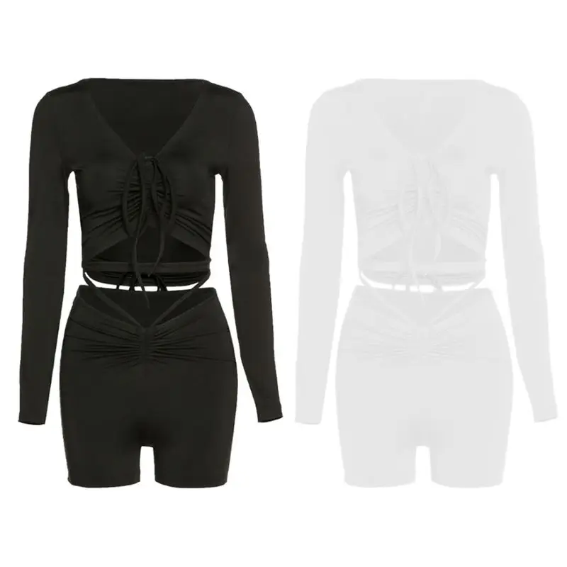 

Women 2Pcs Long Sleeve V-Neck Ruched Drawstring Crop Top High Waist Shorts Set