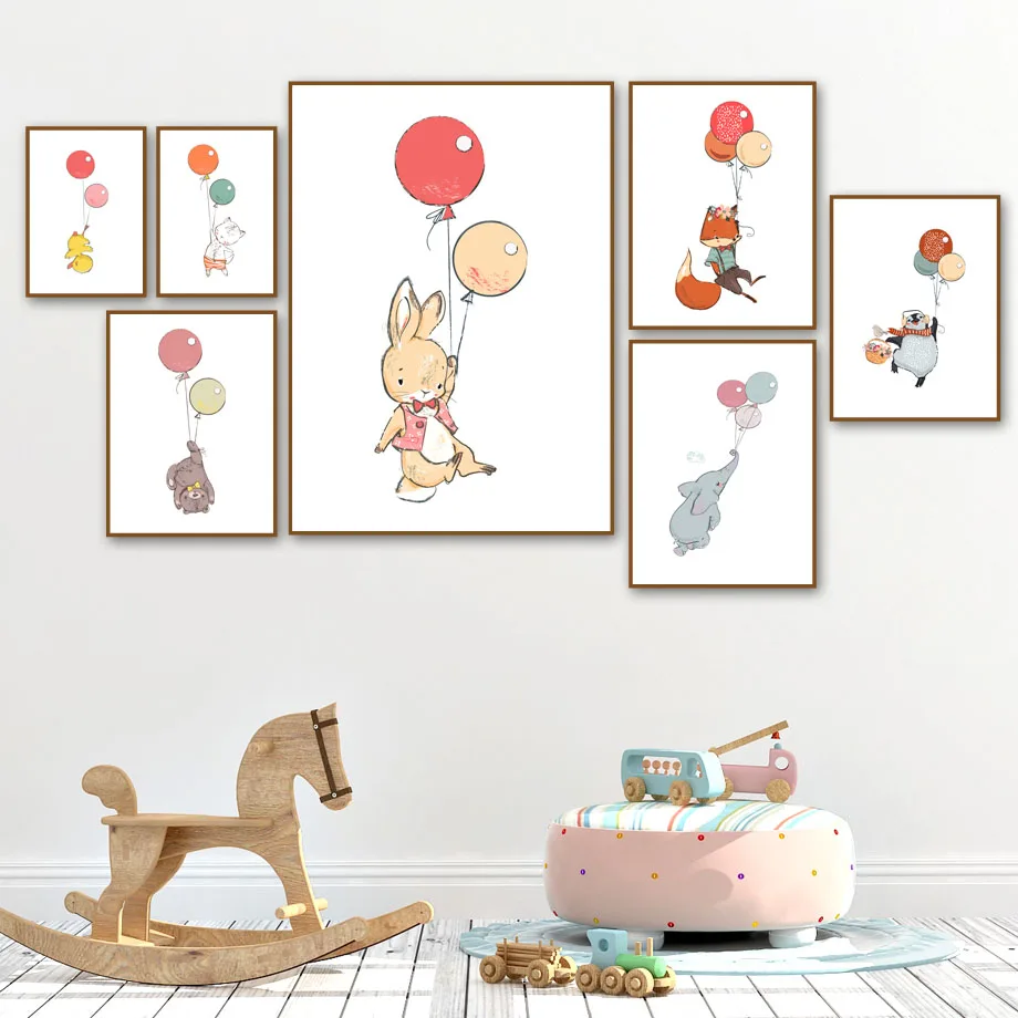

Rabbit Elephant Fox Bear Balloon Animals Nordic Posters and Prints Wall Art Canvas Painting Wall Pictures for Kids Room Decor