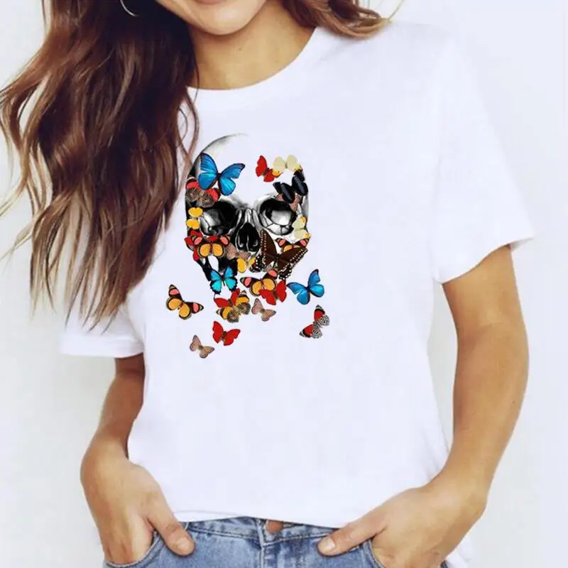 

Модная хлопковая футболка с коротким рукавом, Женская Повседневная футболка в стиле Харадзюку, забавная футболка с черепом, бабочкой, ужасо...