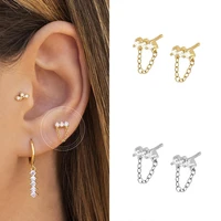 100 925 sterling silver stud earrings gold color zircon chain tassel tiny earrings for women punk jewelry for valentines day