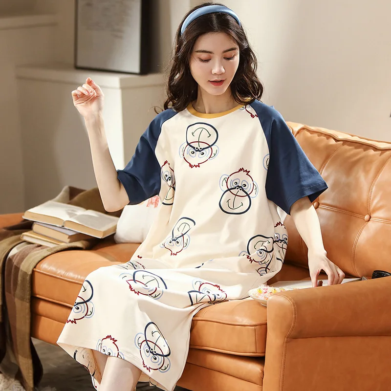 

Nightdress Women's Summer Cotton Short-Sleeved Korean Cute Sweet Cartoon Knitted Woman Loose Thin Leisure Tops