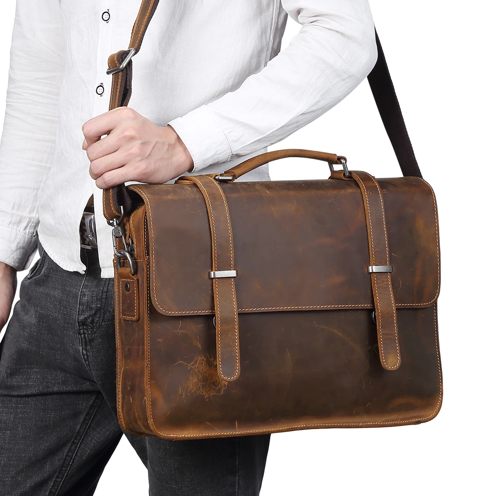 Retro Casual Genuine Leather Briefcases Crazy Horse 14 Inch Laptop Bag Cowhide Handbag Ipad Crossbody for Man |