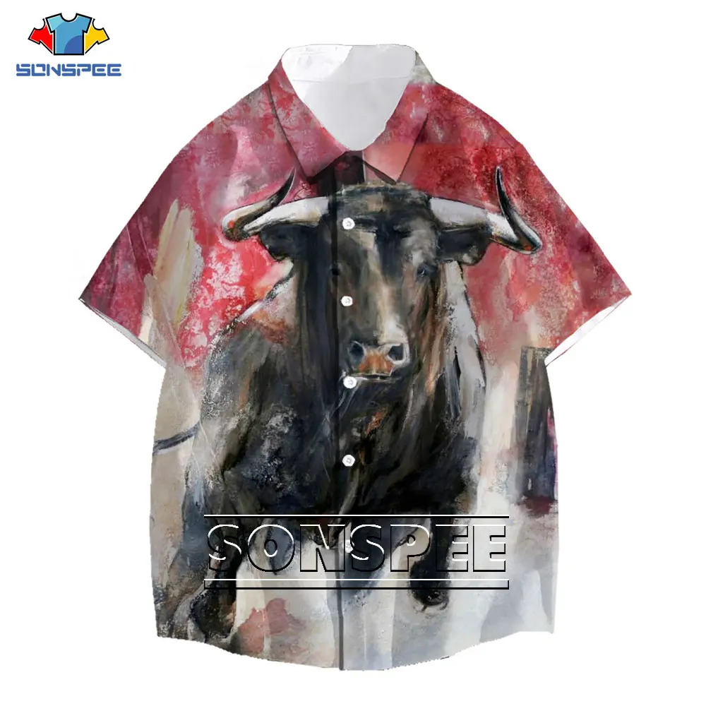 

SONSPEE 3D Print Spanish Bullfight Bull Shirt Casual Harajuku Cool Women Men's Hawaiian Short Sleeve Shirts Fitness Top Clothing