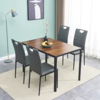Dining Table Chair Set for 4 People 1 Wooden Countertop Modern Casual Coffee Table 4 Leather Chairs W/Cushion&High Back[US-W]