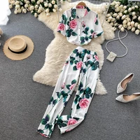 women floral two piece set office ladies printed turn down collar single breasted tops high waist wide leg pants suit 2021 new