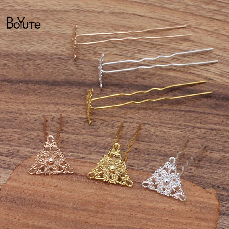 

BoYuTe (20 Pieces/Lot) 21.5MM Triangle Filigree Flower Welding 75*10*1.2MM Hair Fork Hairpin Bride Hair Jewelry Diy Accessories