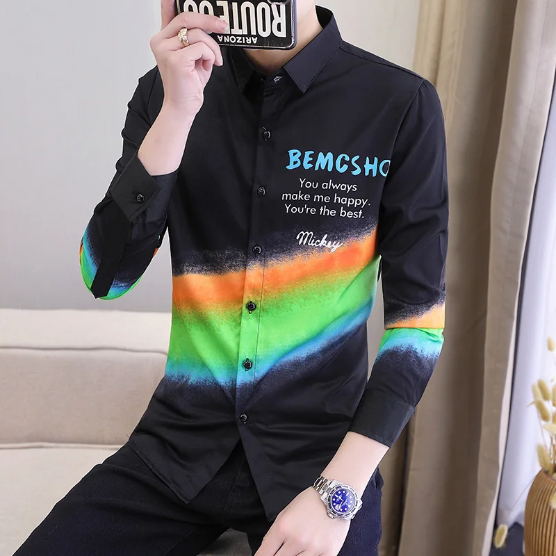 

Letter Print Men Shirts Fashion Casual Slim Fit Shirt 2021 Spring Slim Fit Long Sleeve Shirt Korean Fashion Party Camisas Homme
